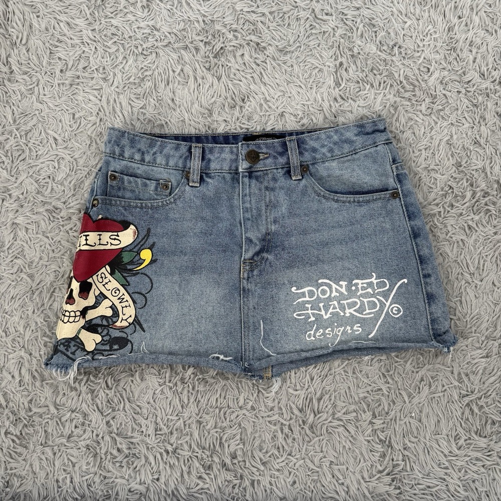 Ed Hardy Denim Mini Skirt Love Kills Slowly S Light Wash Y2K Graphic WEHD6000-10